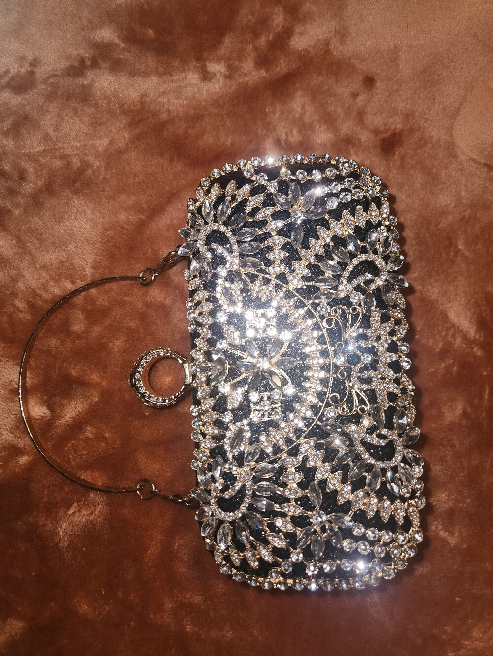 Crystal-Embellished Evening Clutch in Black and Gold